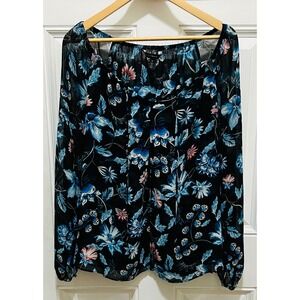 White House Black Market Floral Peasant‎ Blouse Black Blue Sheer Long Sleeve 14